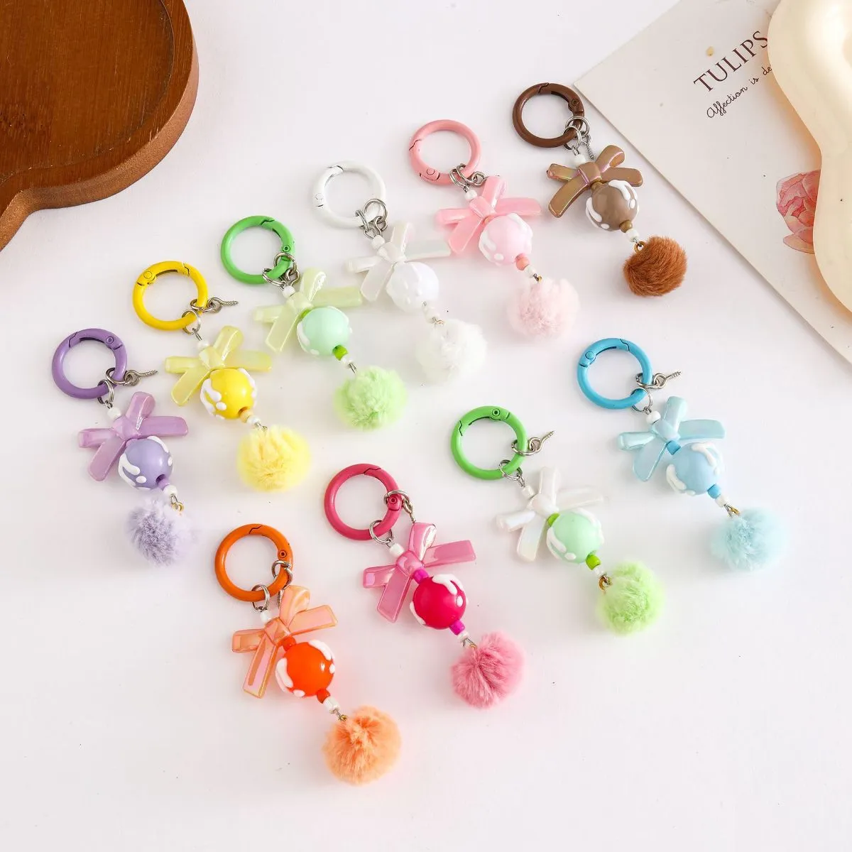 Bow Flocked Big-Ear Doll Cartoon Keychain – Pastel Candy-Colored Key Ring Accessory, Cute Plush Charm for Bags & Keys